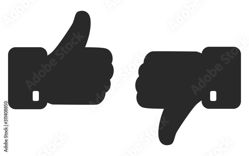 Thumb up and down flat icons isolated on white background. Like and dislike social network pictograms isolated on white background. Flat positive and negative buttons for a website or mobile app.