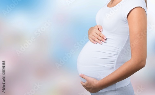 Pregnant young woman keeps the stomach