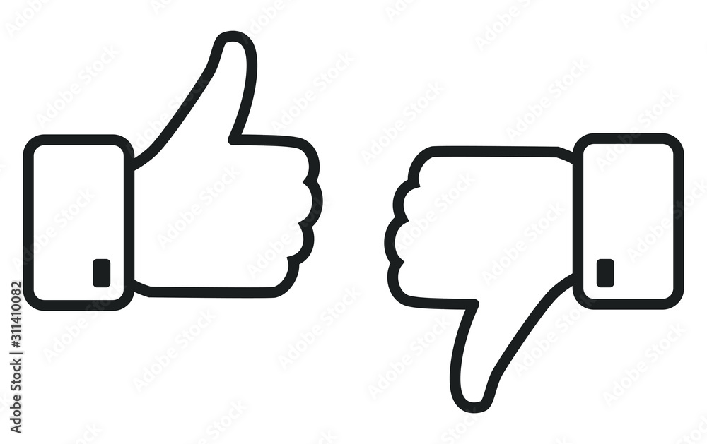 Thumb up and down outline icon isolated on white background. Like and dislike social network pictograms isolated on white background. Outline positive and negative buttons for a website or mobile app. Thumb up and down outline icon isolated on white background. Like and dislike social network pictograms isolated on white background. Outline positive and negative buttons for a website or mobile app.
