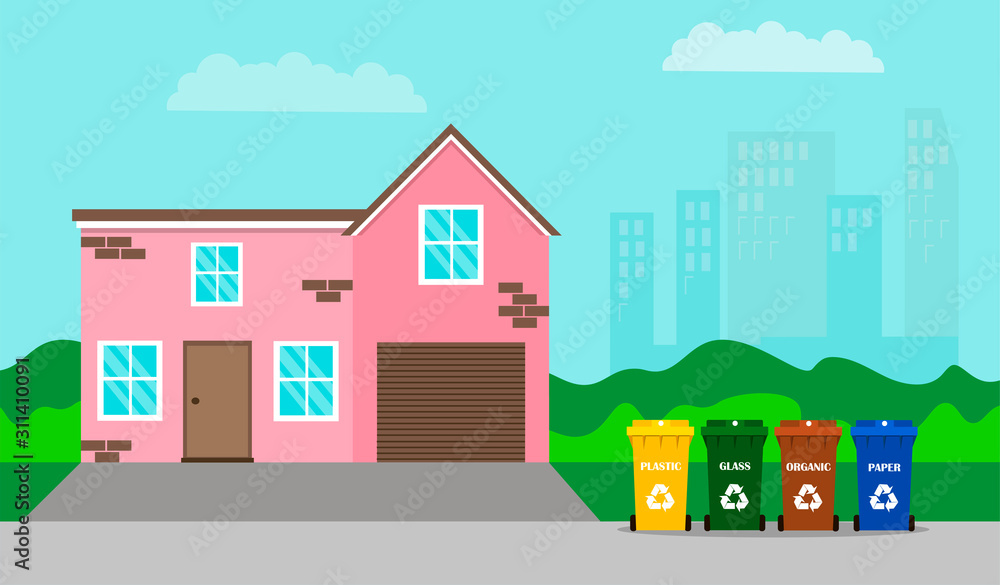Four containers with garbage. Urban waste recycling. Separate garbage collection. City view on the background. Vector illustration in a flat style.