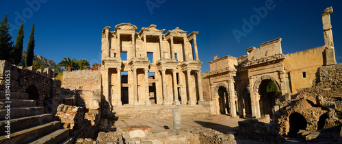 Panorama of the ruins of Library of Celsus and gate to the Agora of ancient Ephesus Turkey photo