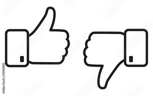 Thumb up and down outline icon isolated on white background. Like and dislike social network pictograms isolated on white background. Outline positive and negative buttons for a website or mobile app. photo