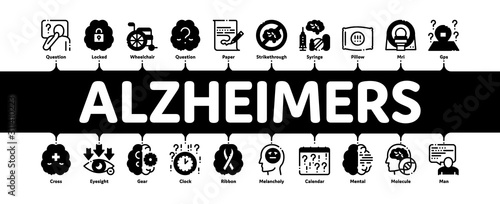 Alzheimers Disease Minimal Infographic Web Banner Vector. Brain And Drugs, Wheelchair And Man Silhouette With Alzheimers Illness Concept Illustrations