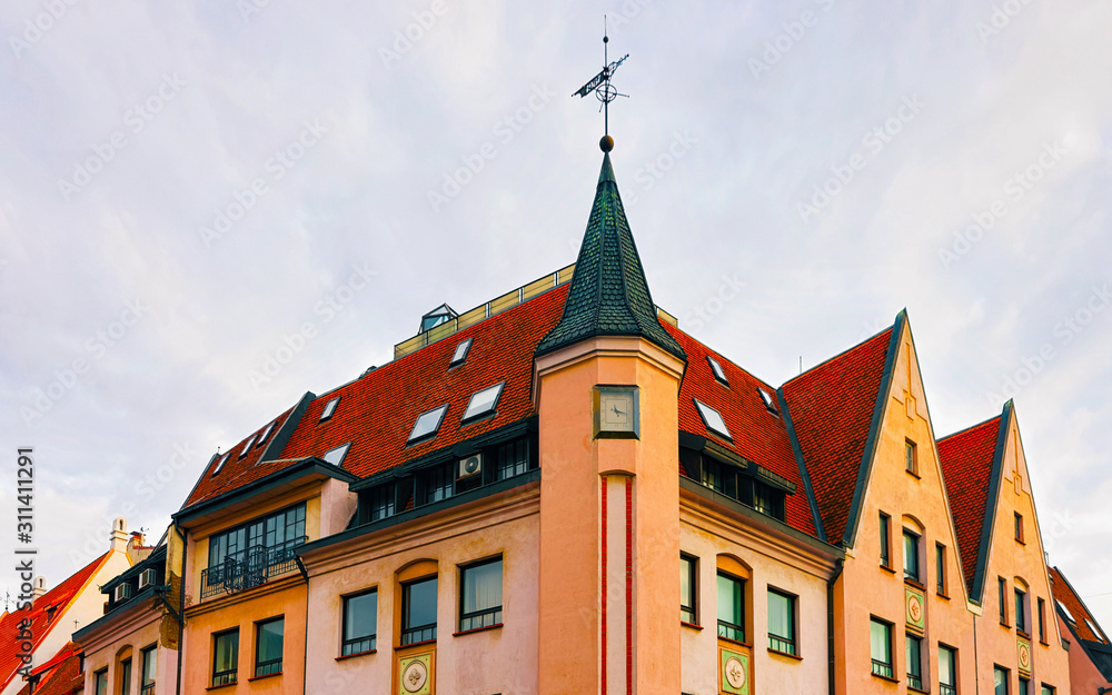 Old building architecture at city center in Riga reflex