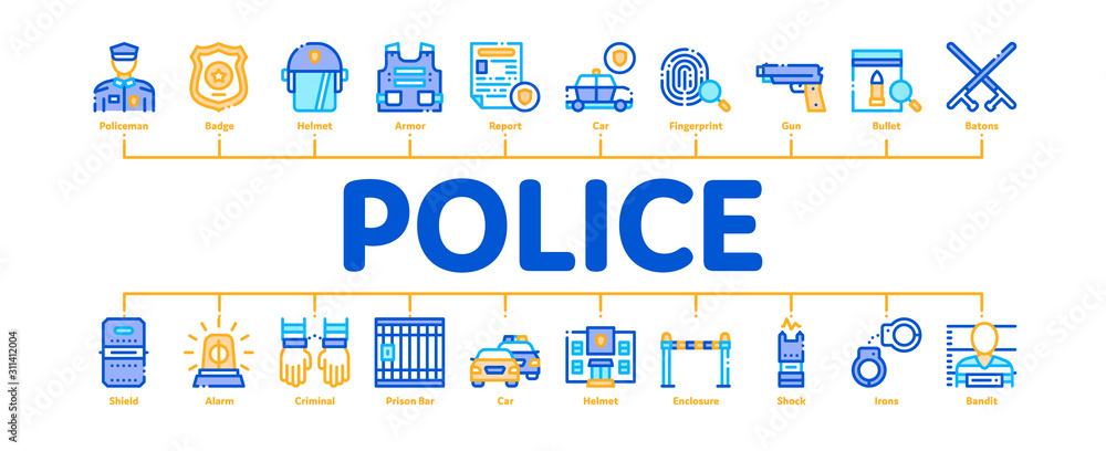 Police Department Minimal Infographic Web Banner Vector. Policeman Silhouette, Police Badge And Body Armor, Helmet And Gun And Truncheon Concept Illustrations Police Department Minimal Infographic Web Banner Vector. Policeman Silhouette, Police Badge And Body Armor, Helmet And Gun And Truncheon Concept Illustrations