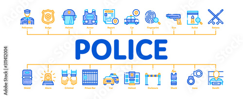 Police Department Minimal Infographic Web Banner Vector. Policeman Silhouette, Police Badge And Body Armor, Helmet And Gun And Truncheon Concept Illustrations