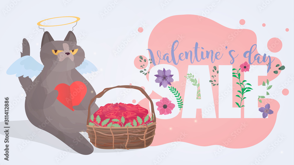 Fototapeta premium Valentine's day sale. Valentine's Day celebration. Flower font. Funny gray cat in the image of a cupid. A cat with a serious look. Chubby cat with an arrow. Concept for the day of lovers. 