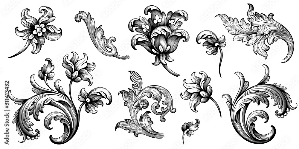 Flower vintage Baroque scroll Victorian frame border floral ornament leaf engraved retro pattern rose peony decorative design tattoo black and white filigree calligraphic vector