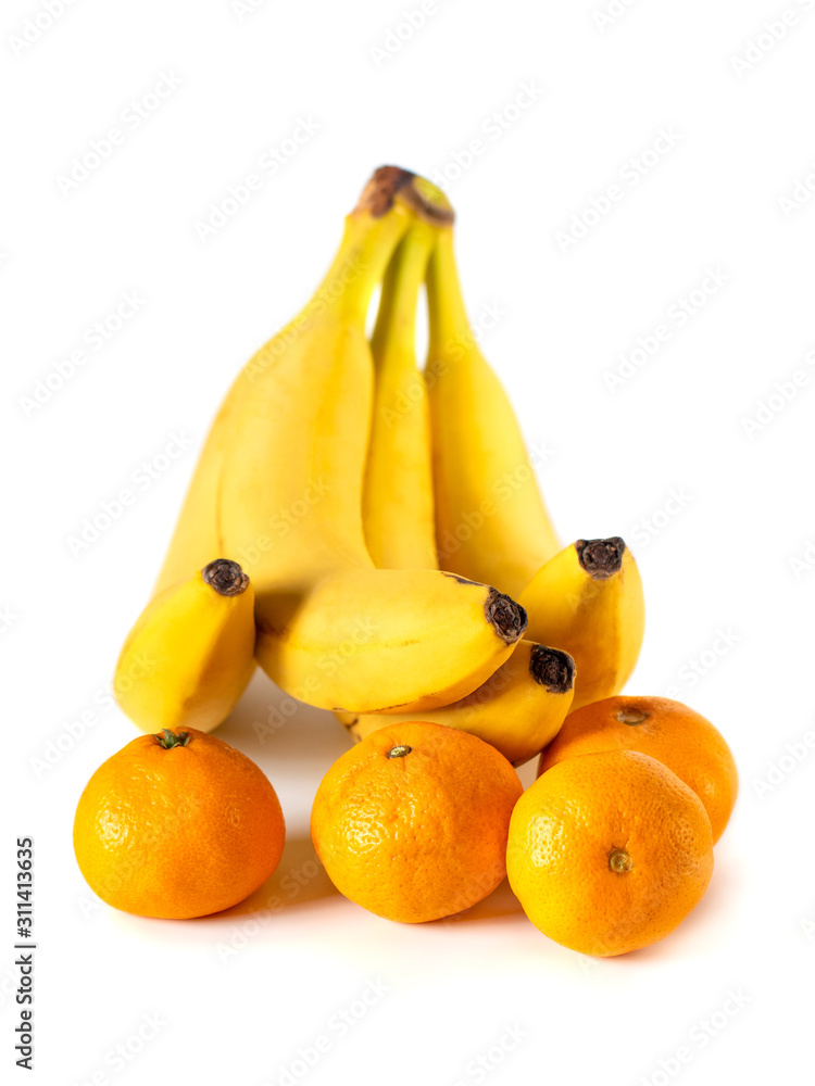 bananas and tangerines isolated on white background. bananas and tangerines isolated on white background.