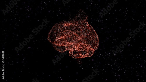 Brain animation with big data flow analysis in a shape of abstract particles over black background. photo