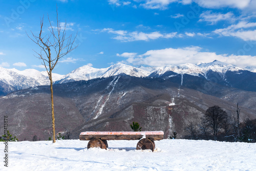 bench in the snowy mountains © dimbar76