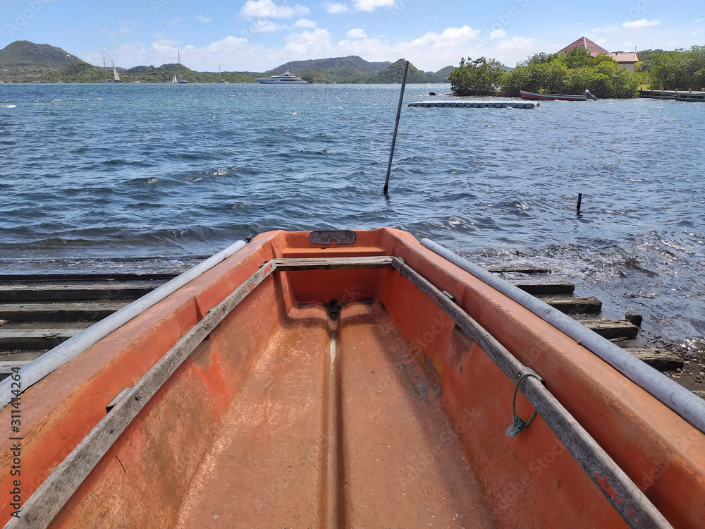 Perspective view of the Caribbean Sea from fishing boat. Martinique French West Indies