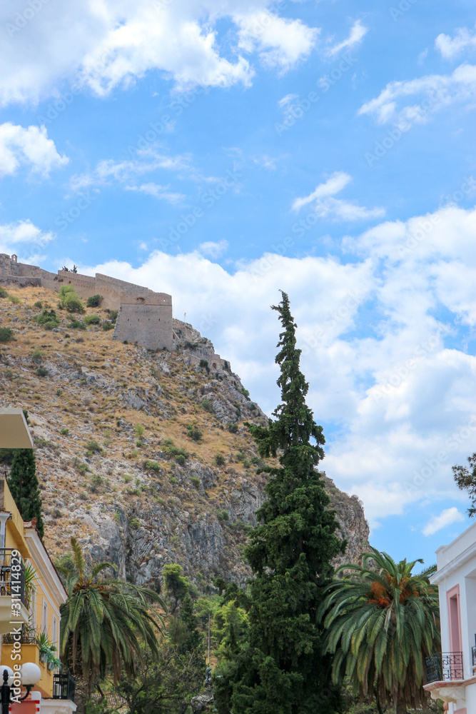 View from below to walls of old Palamidi fortress, Nafplio, Peloponnese, Greece