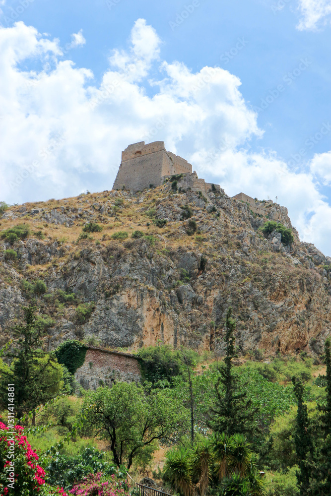 View from below to walls of old Palamidi fortress, Nafplio, Peloponnese, Greece