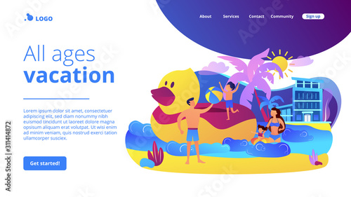 Parents, children swimming. Kids sunbathing near sea resort, hotel. Family vacations, all ages vacation, fantastic family adventure concept. Website homepage landing web page template.