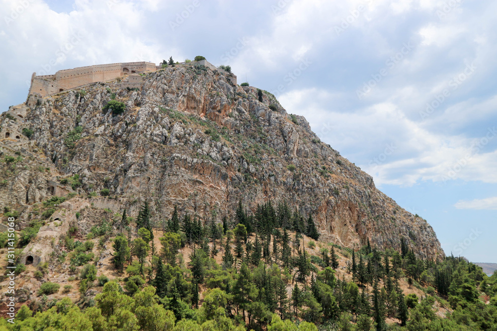 Mountain with the old Palamidi impregnable fortress on the top, Nafplio, Peloponnese, Greece Mountain with the old Palamidi impregnable fortress on the top, Nafplio, Peloponnese, Greece