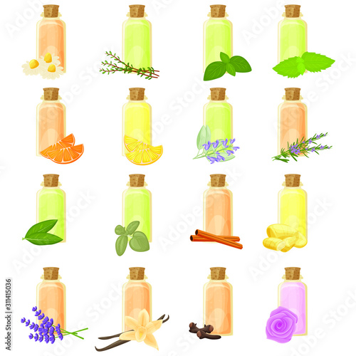 Essential oils in bottle isolated illustrations set, vector clip-art.