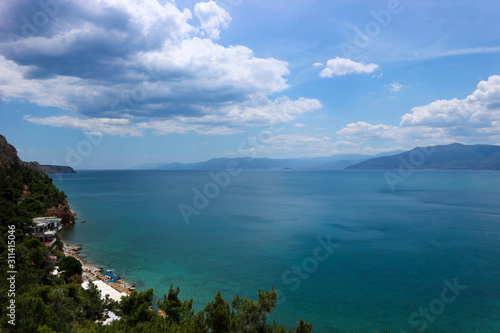 view of the boundless Mediterranean Sea and coastline with pines and rocks