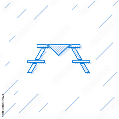Blue line Picnic table with benches on either side of the table icon isolated on white background.  Vector Illustration