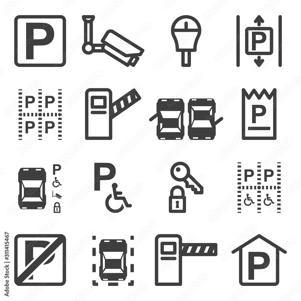 A set of icons related to parking, places for packing, as well as safety and the correct location in parking spaces. Isolated vector on a white background A set of icons related to parking, places for packing, as well as safety and the correct location in parking spaces. Isolated vector on a white background