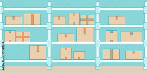 Warehouse interior. Shelves with boxes. Flat design. Vector illustration