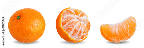 Tangerine fruit with slices, peel and leaves on a white isolated background