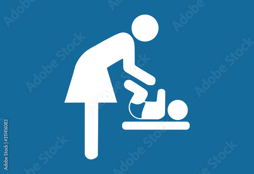 Mother and child room: mother swaddles newborn. Public sign. Mother's room sign. Mother swaddle baby icon. Toilet icon baby and parent, restroom design flat.