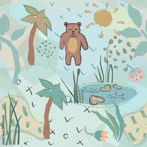 Cute Seamless Pattern with funny bear and fish pond. Unique Childish Design.