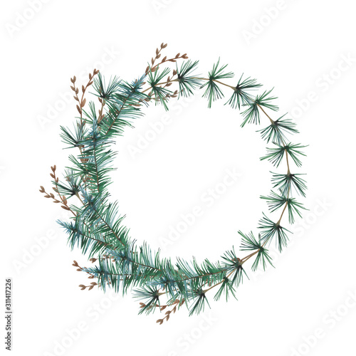 Christmas wreath with fir branches on a white background.