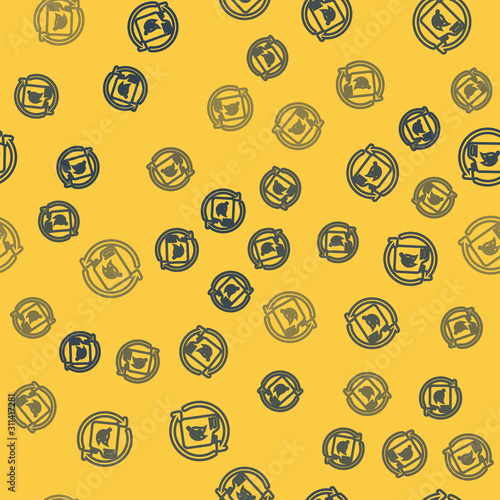 Blue line Bio fuel canister icon isolated seamless pattern on yellow background. Eco bio and barrel. Green environment and recycle. Vector Illustration