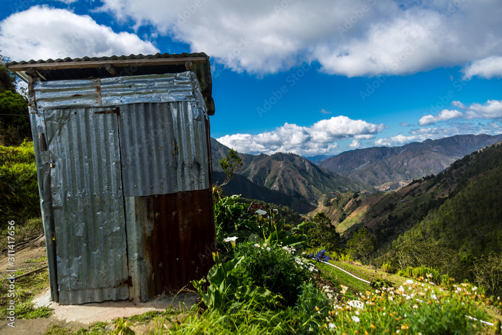 dramatic image of a outhouse with flowers high in the caribbean mountains of the dominican republic.