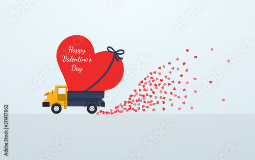 Happy Valentine's Day. The truck carries a big red heart in the back. Vector illustration.