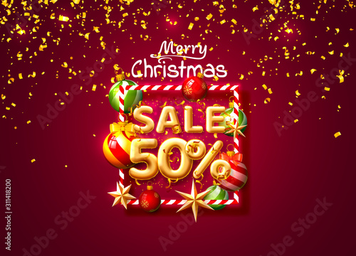 Merry Christmas, sale 50 off ballon number on the red background.