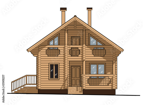 House of the log on a white background. Exterior. Architectural design. Wooden stroitelsvo. Russian wooden houses.Isolated object on a background.