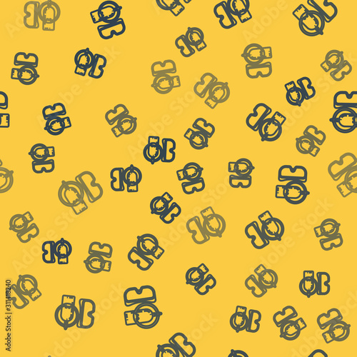 Blue line Diving mask and aqualung icon isolated seamless pattern on yellow background. Oxygen tank for diver. Extreme sport. Sport equipment. Vector Illustration