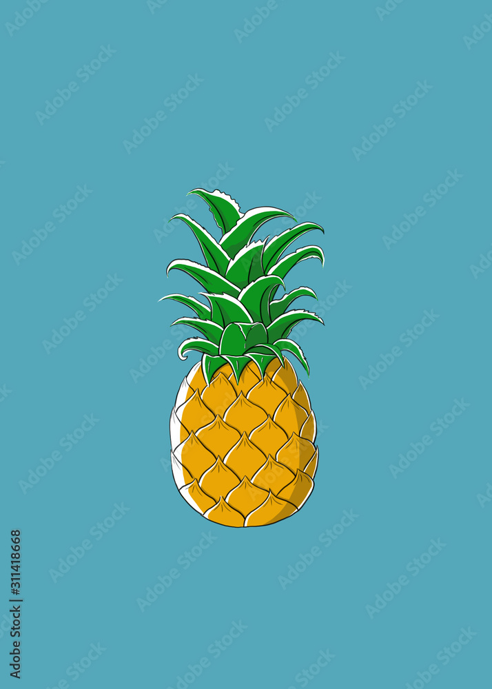 Single pineapple ilustration. Blue Background. Single pineapple ilustration. Blue Background.