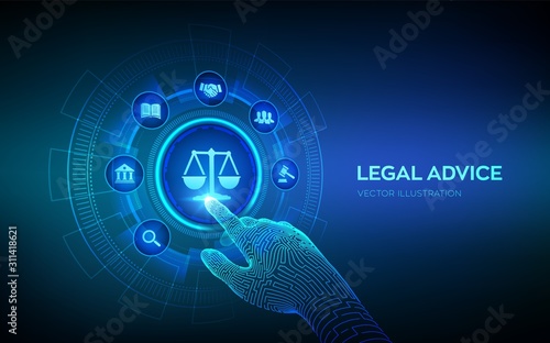 Labor law, Lawyer, Attorney at law, Legal advice concept on virtual screen. Internet law and cyberlaw as digital legal services or online lawyer advice. Robotic hand touching digital interface. Vector