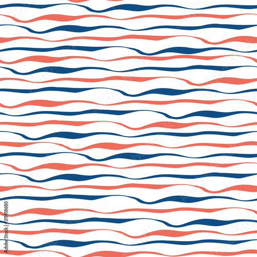 Blue and red brushstroke style wavy lines in horizontal design. Seamless geometric vector pattern on white background. Great for nautical or marine themed products, health, wellness, sport.
