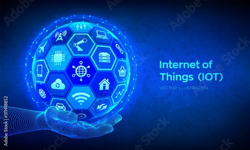 IOT. Internet of things concept. Everything connectivity device concept network, and business with internet. Abstract 3D sphere or globe with surface of hexagons in robotic hand. Vector illustration.