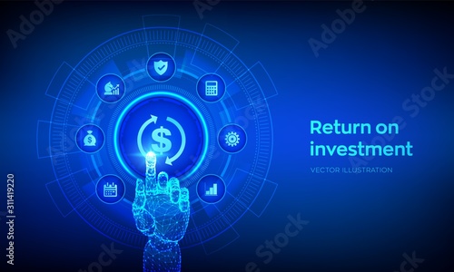 ROI. Return on investment business and technology concept. Profit or financial income strategy. Market and Finance, Business Growth. Robotic hand touching digital interface. Vector illustration.