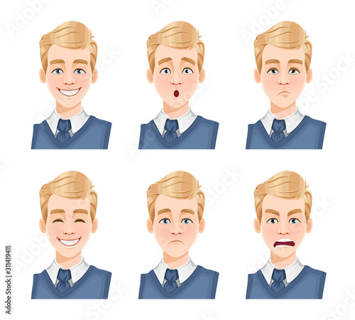 Face expressions of handsome man with blonde hair