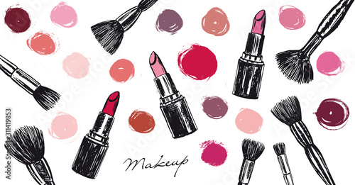 Makeup set. Brushes and  Lipstick hand drawn illustration.