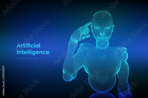 Abstract wireframe female cyborg or robot holds a finger near the head and thinks or computes using her artificial intelligence. AI and Machine learning technology concept. Vector illustration.