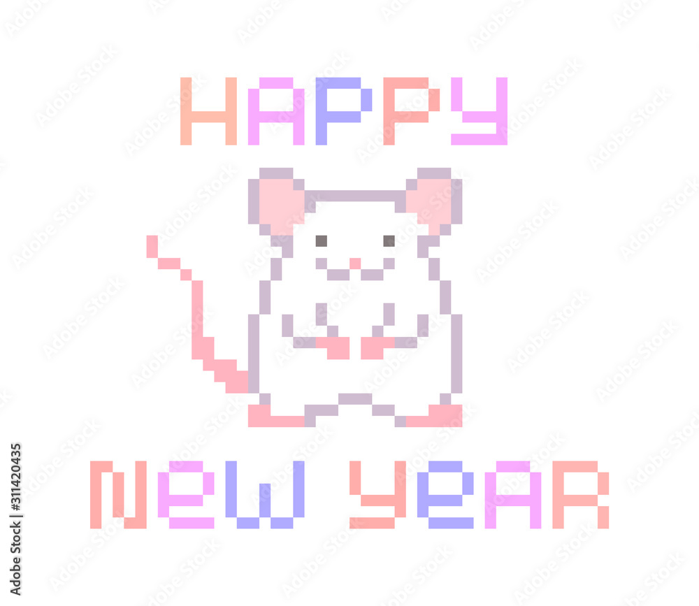 Happy new year, bright pixel art lettering greeting card with white mouse character. 8 bit font quote for calendar isolated on white background. Winter holiday banner. Rat, chinese symbol of 2020.