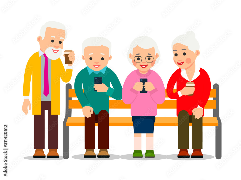 Old couple with phone. Grandmother and grandfather are sitting on bench and smiling read messages in smartphone.  Happy retirement. Cartoon illustration isolated on white background in flat style