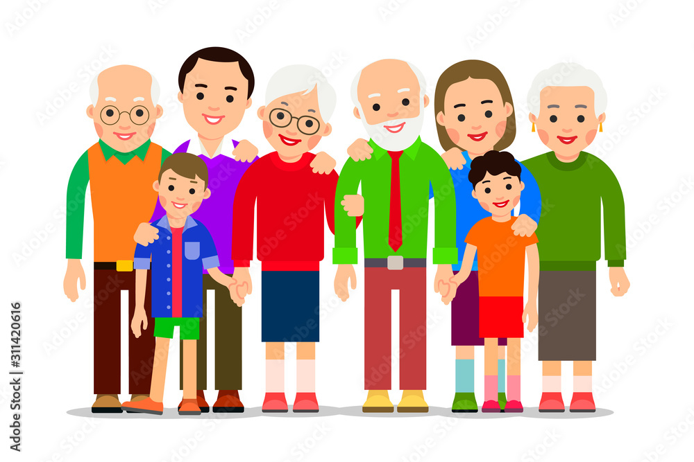 Big family portrait. Love concept. Father, mother, son, daughter, grandfather, grandmother. Children and parents. Happy childhood. Illustration of people characters isolated in flat style Big family portrait. Love concept. Father, mother, son, daughter, grandfather, grandmother. Children and parents. Happy childhood. Illustration of people characters isolated in flat style
