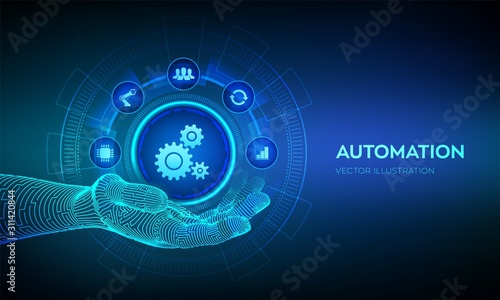 Fototapeta Naklejka Na Ścianę i Meble -  IOT and Automation Software concept as an innovation, improving productivity in technology and business processes. Automation icon in robotic hand. Vector illustration.