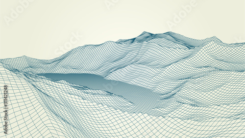 Abstract wireframe background. 3D grid technology illustration landscape. Digital Terrain Cyberspace in the Mountains with valleys. Data Array. Vector Illustration.