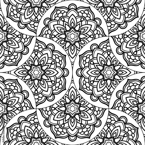 Abstract mandala fish scale seamless pattern. Ornamental tile, mosaic background. Floral patchwork infinity card. Arabic, Indian, ottoman motifs. Vector illustration. 