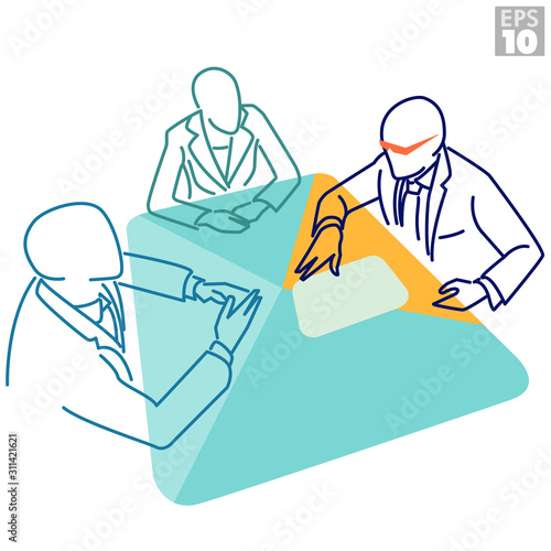 Business meeting with two business men and entrepreneur woman sitting around a table while the cool boss with shades communicates his strategy.